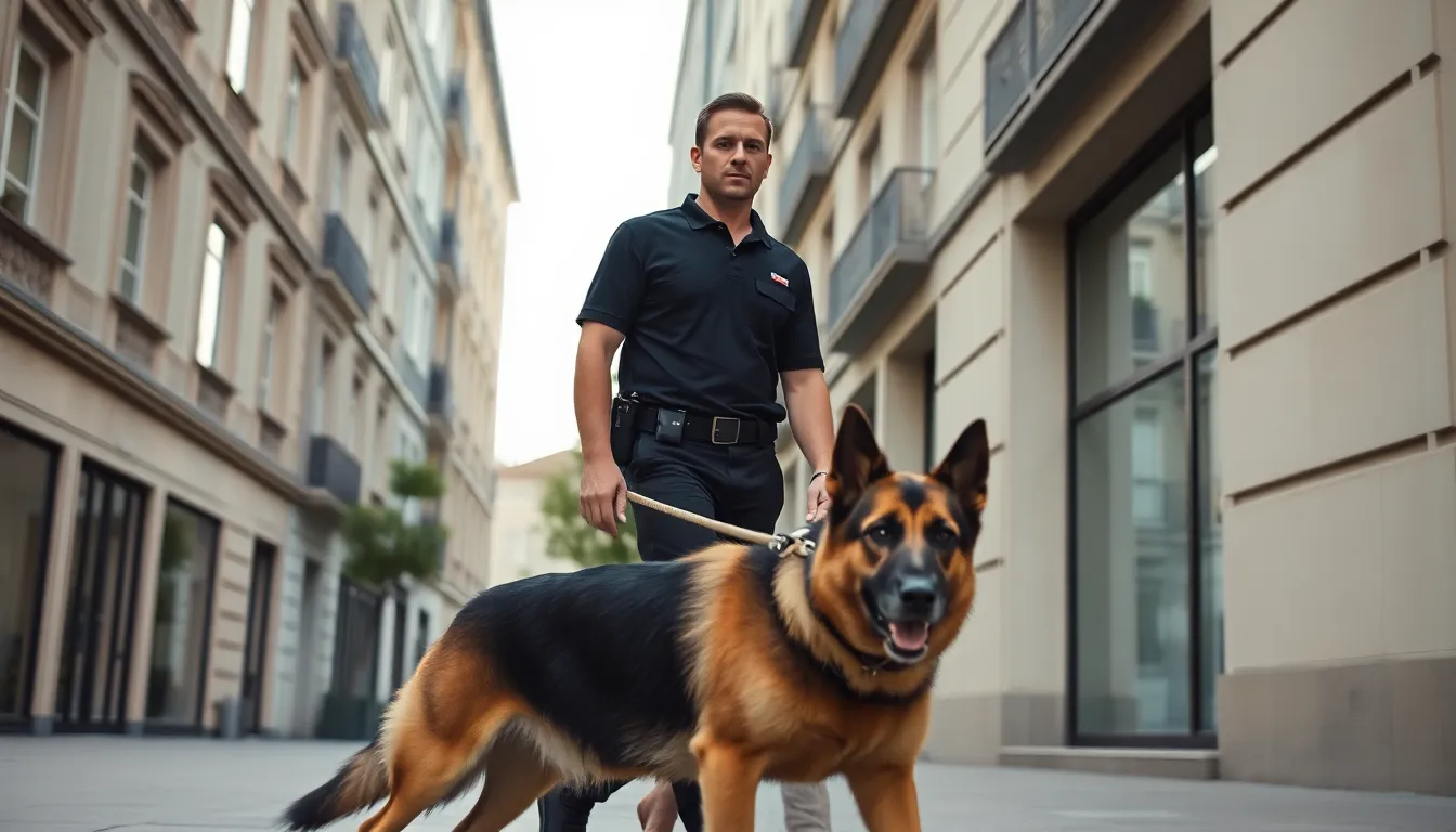 Agent cynophile en tenue professionnelle avec chien sécurisé patrolant devant un bâtiment en France, démontrant la sécurité humaine en entreprise