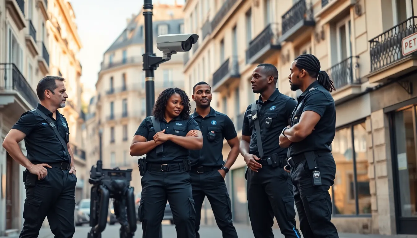Agents de sécurité en polo noir discutant sous une caméra de vidéo-verbalisation en milieu urbain français, illustration de la surveillance humaine et électronique complémentaire