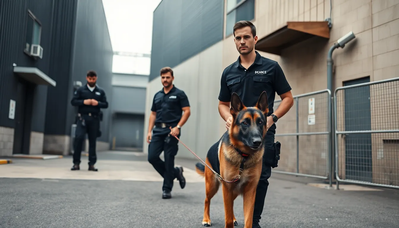 Agent cynophile en ronde de surveillance sur site industriel français avec chien bien dressé, démontrant sécurité privée professionnelle