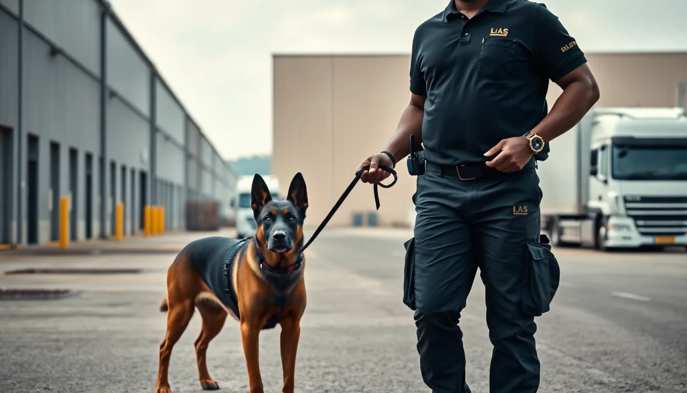 Agent cynophile en patrouille avec chien de sécurité dans un site industriel français en journée