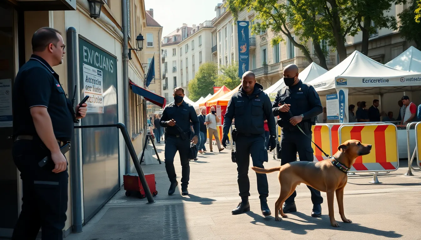 Agents de sécurité, maîtres-chiens et agent SSIAP collaborant à la sécurisation d’un événement en France, gestion des flux et contrôle d’accès dans une ambiance professionnelle