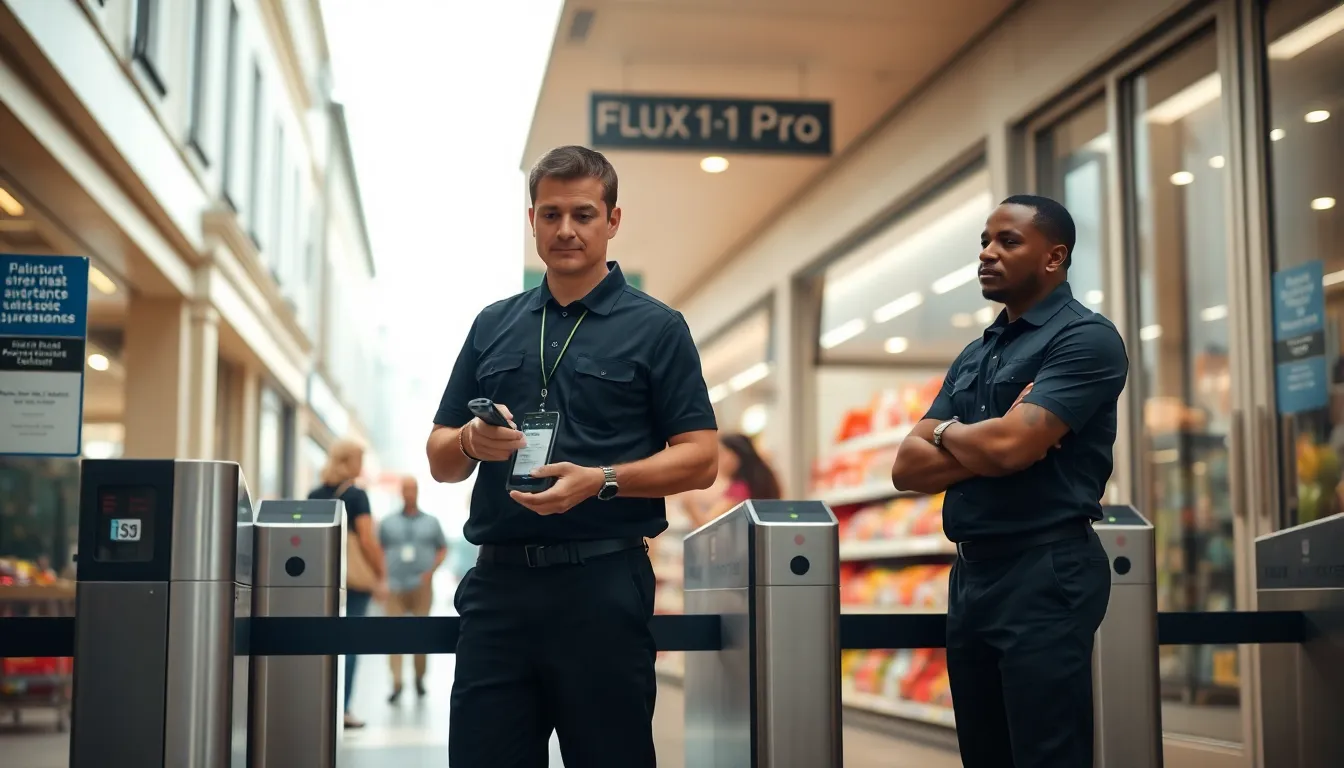 Agents de sécurité en dispositif anti-vol à l'entrée d'un supermarché français, surveillant les portiques antivol durant la journée