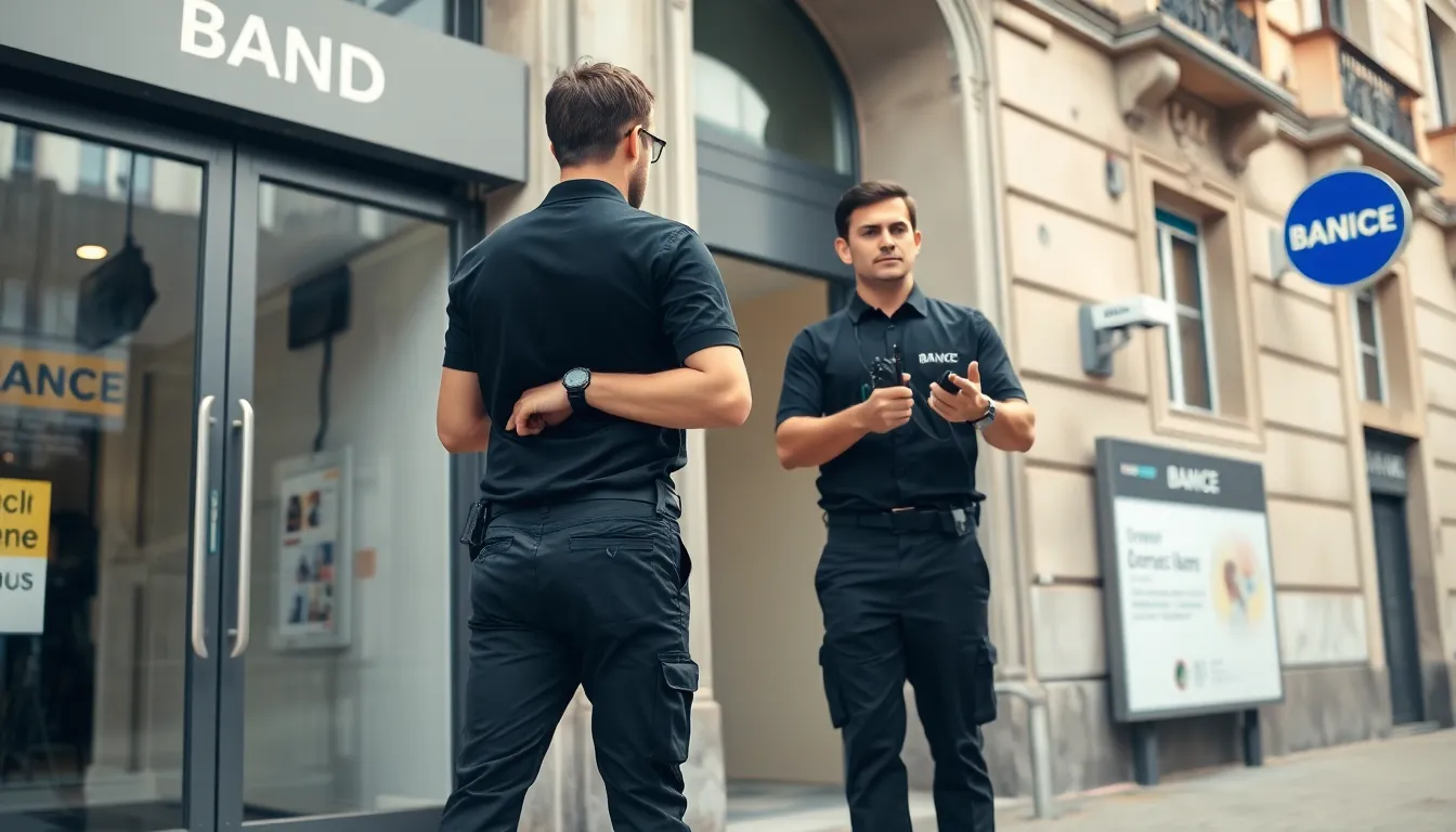 Agents de sécurité français surveillant un système anti-effraction avancé à l’extérieur d’une agence bancaire, illustrant la sécurité humaine et la protection des établissements financiers.