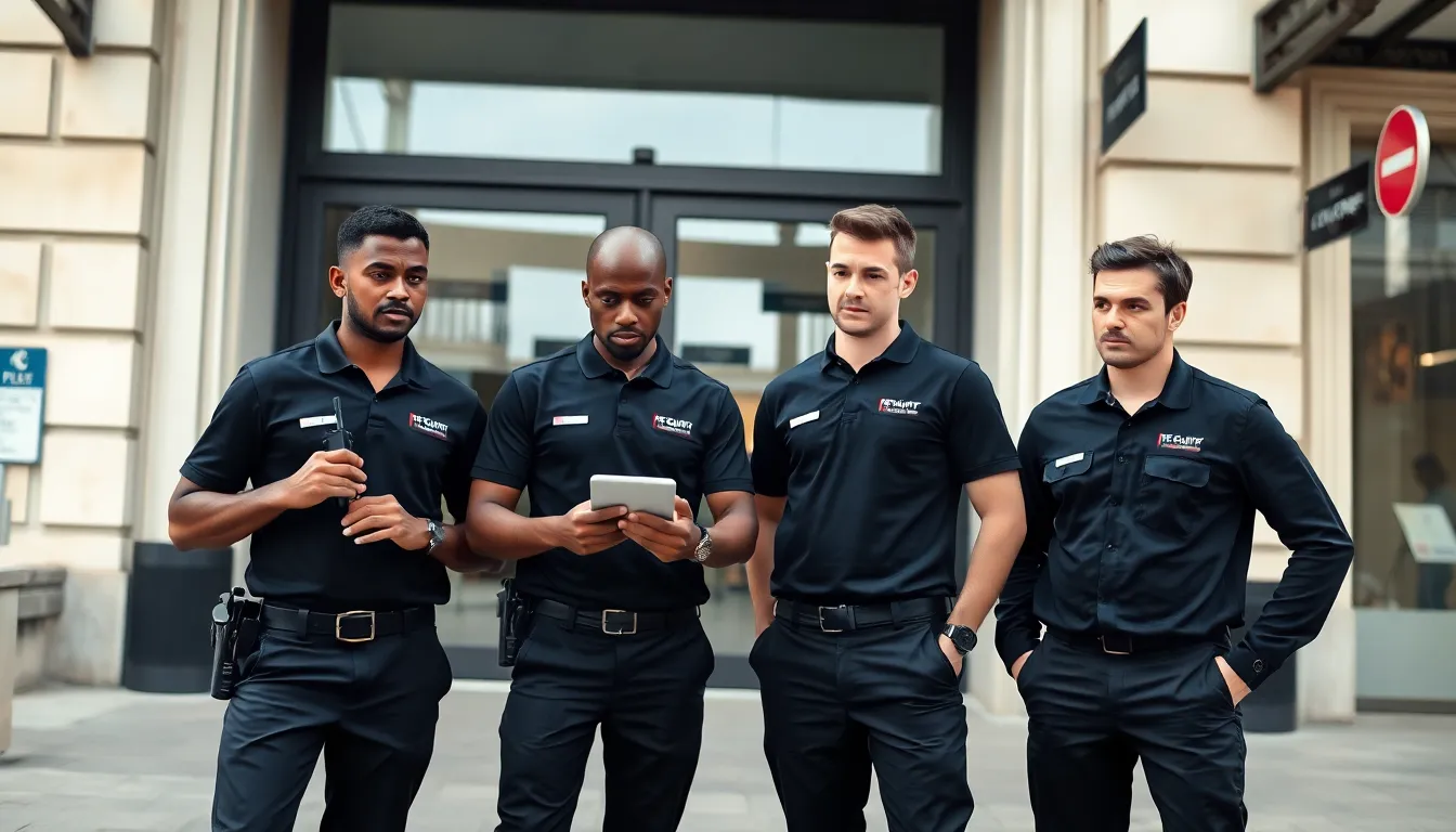Agents de sécurité privée français en uniforme noir surveillant un site tertiaire contemporain avec une ambiance professionnelle et naturelle