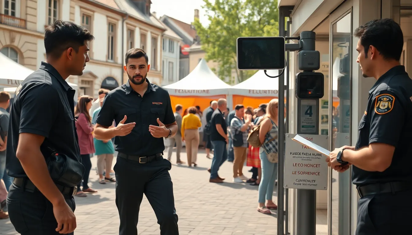 Agents de sécurité en polo noir gérant le flux de foule lors d’un événement culturel en France, assurant sécurité et contrôle des accès