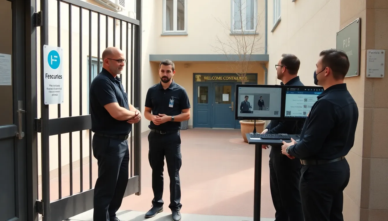 Agents de sécurité contrôlant l'accès à une école en France en journée avec vérification d'identité et surveillance vidéo