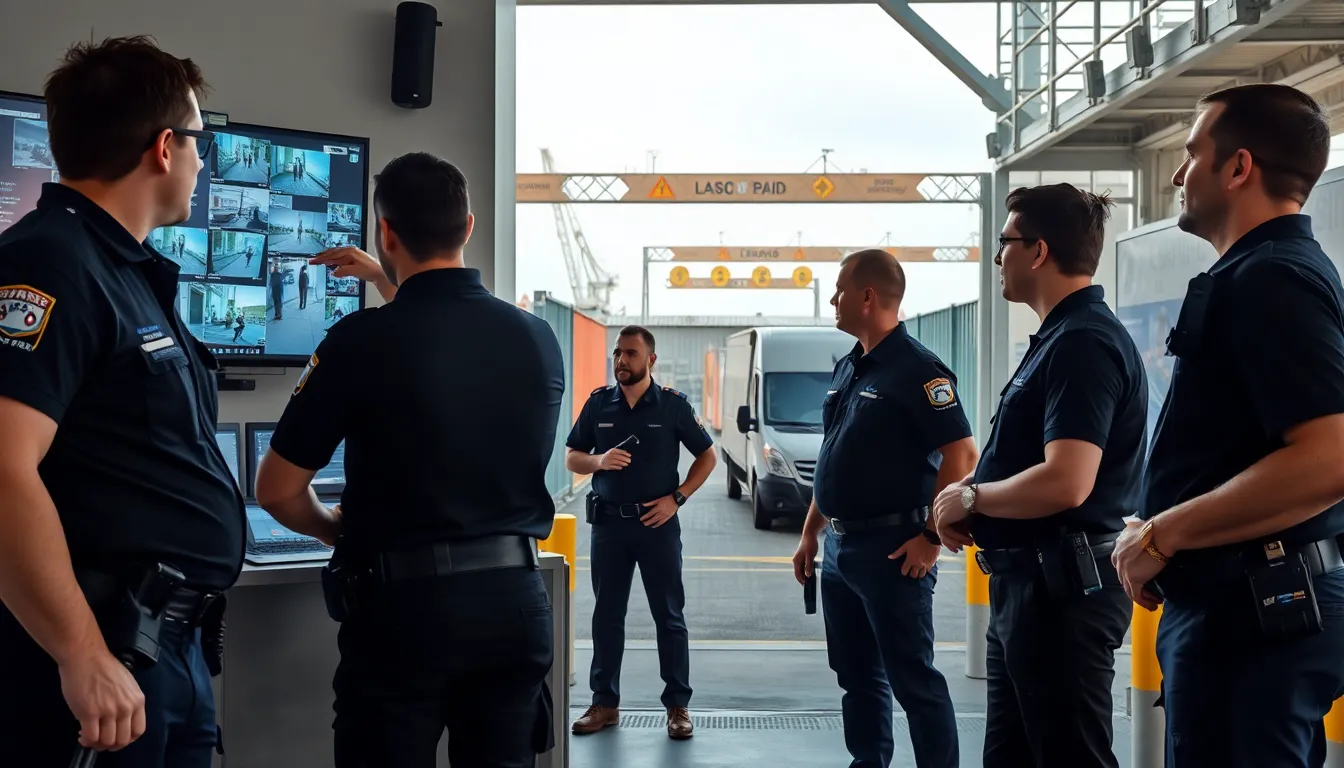 Agents de sécurité professionnels effectuant le contrôle d’accès dans un port français, supervisant les entrées et inspectant un véhicule pour la sûreté portuaire