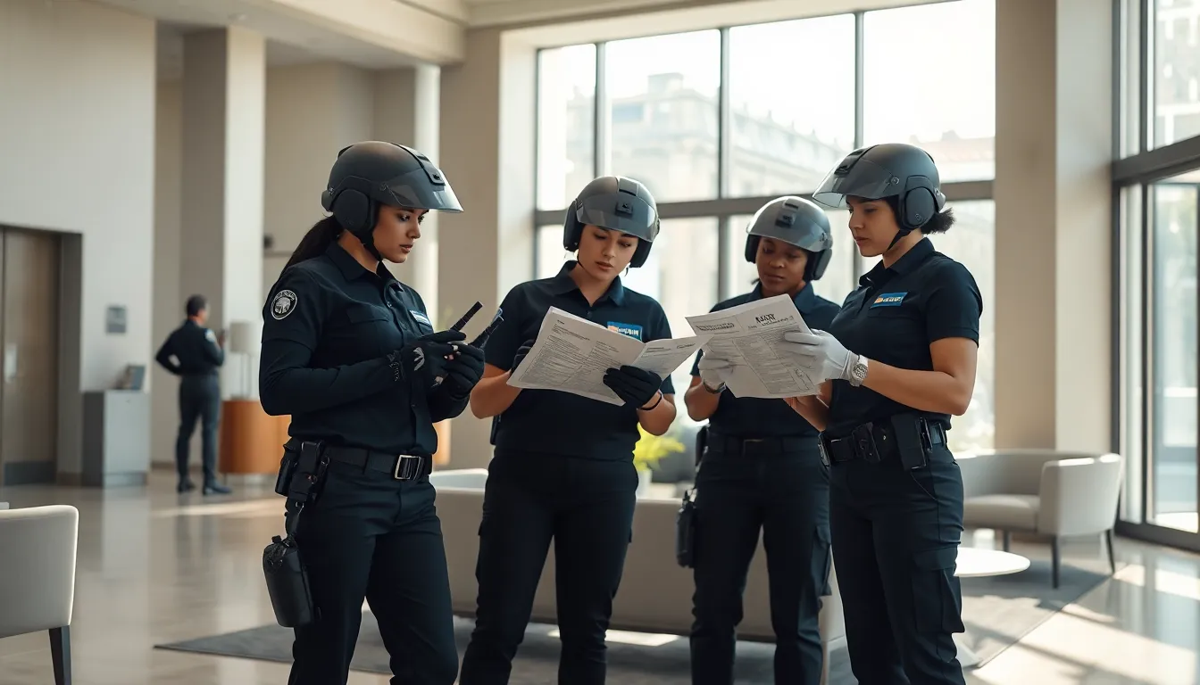 Agents de sécurité vérifiant et entretenant leurs équipements de protection individuelle dans un hall d'accueil moderne en France