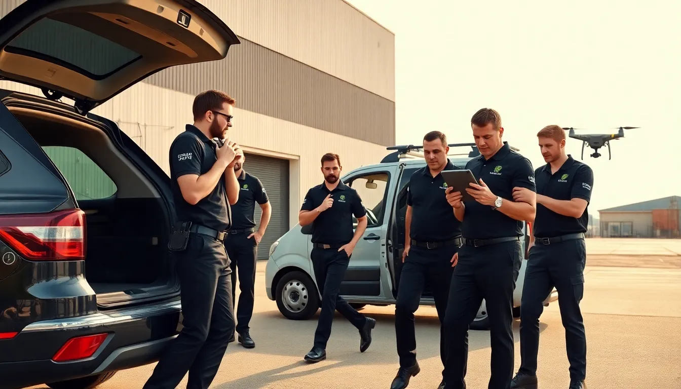 Agents de sécurité mobile en patrouille dans un site industriel en France, utilisant un drone et inspectant un véhicule en pleine journée.