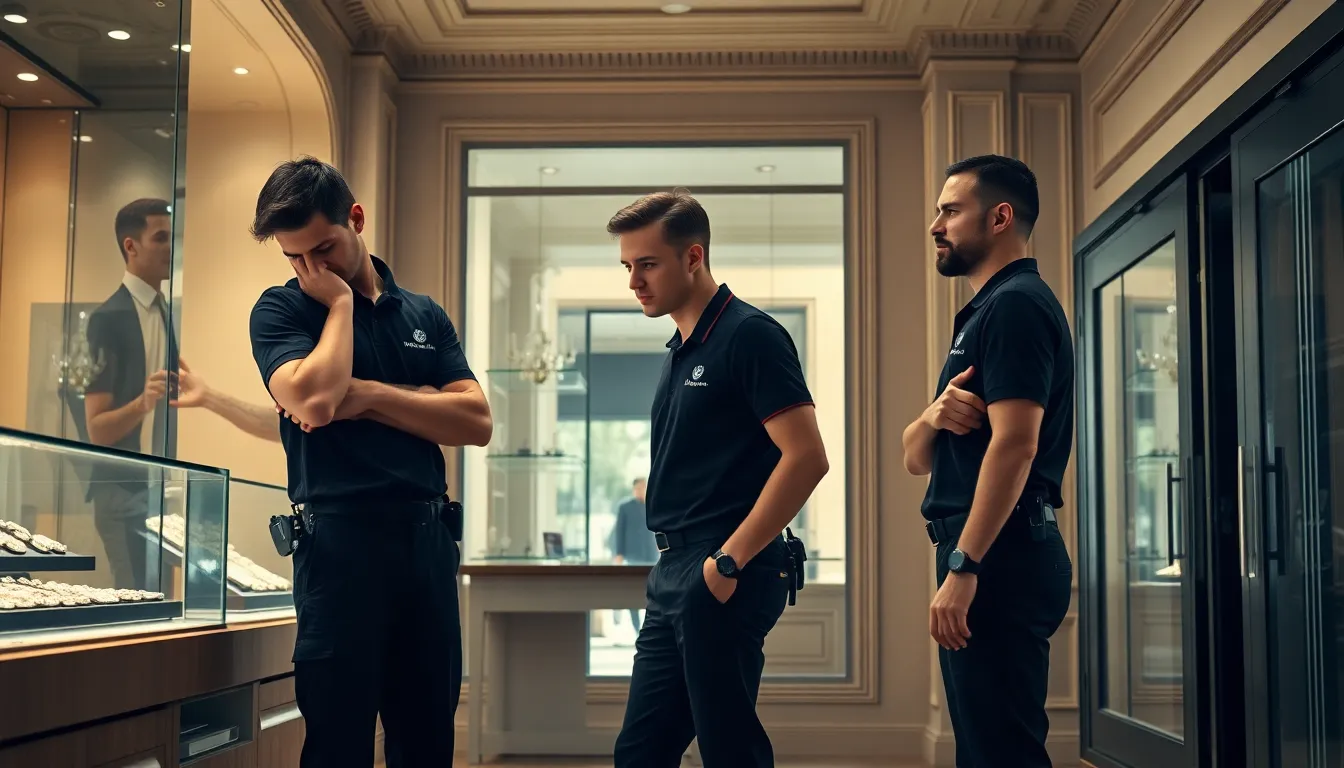 Agents de sécurité professionnels assurant la surveillance d’une bijouterie avec inspection de vitrines anti-effraction et coffre-fort sécurisé en France