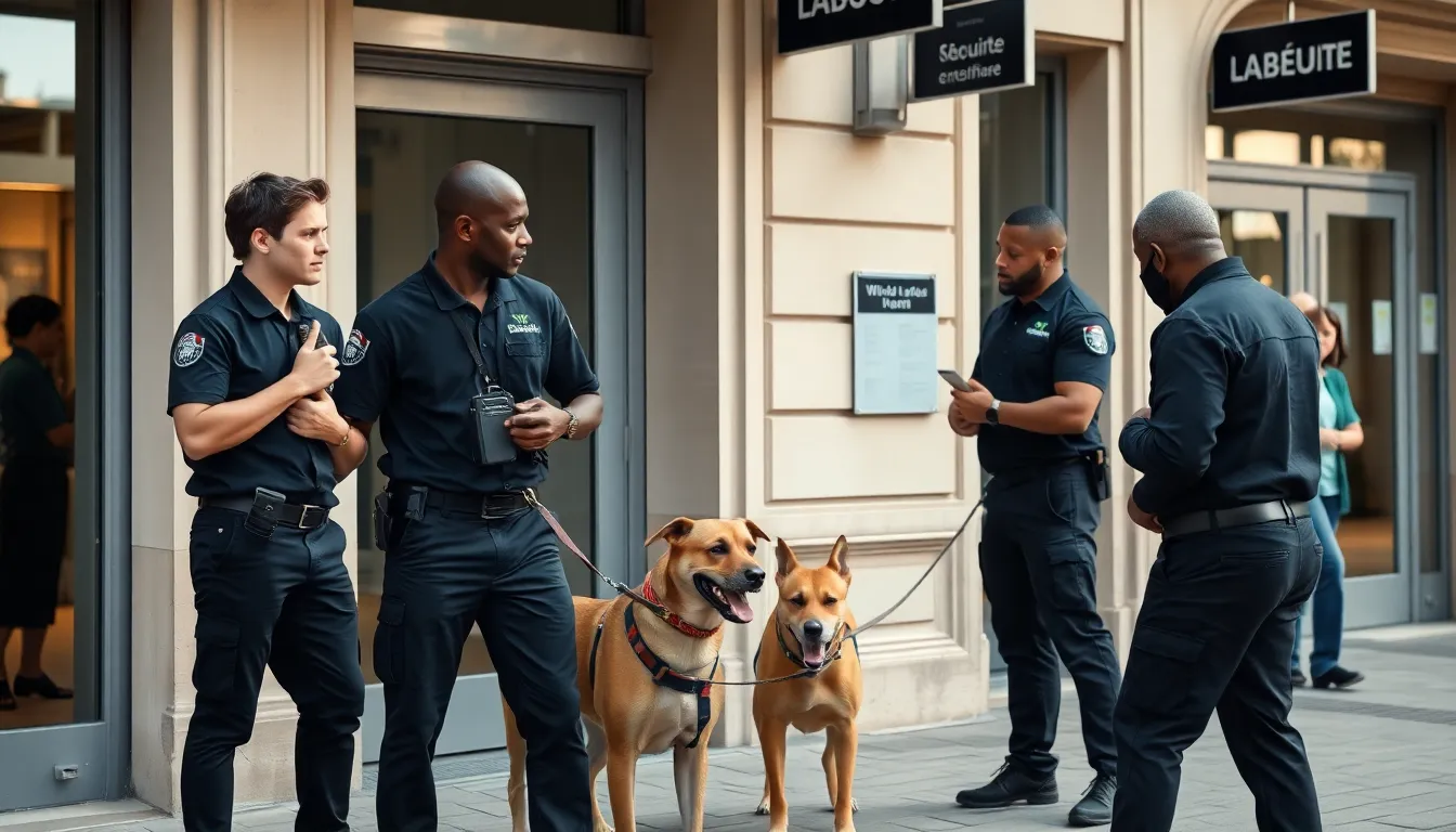 Agents de sécurité humaine en action devant une entrée commerciale en France, collaboration entre agents en polo noir et chien de sécurité, surveillance attentive dans un environnement urbain