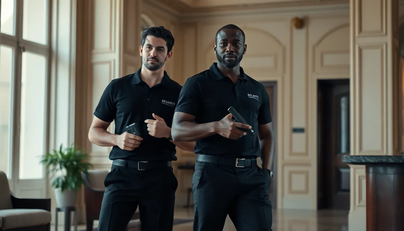 Agents de sécurité privée en tenue professionnelle surveillant un hall d’hôtel en France, gestion discrète des accès et communication en équipe