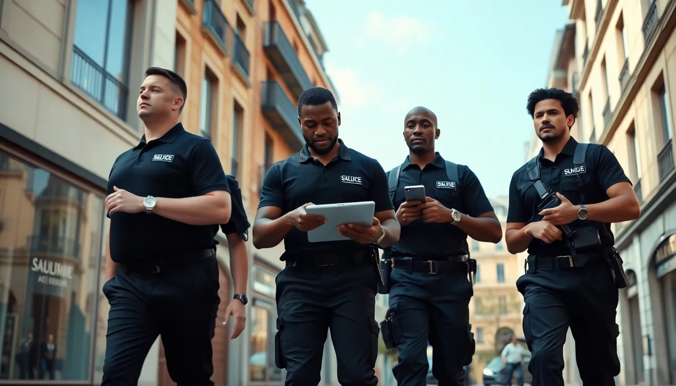 Agents de sécurité privée en patrouille dans un quartier d'affaires français, en tenue professionnelle noire, assurant la surveillance et la sécurité humaine.