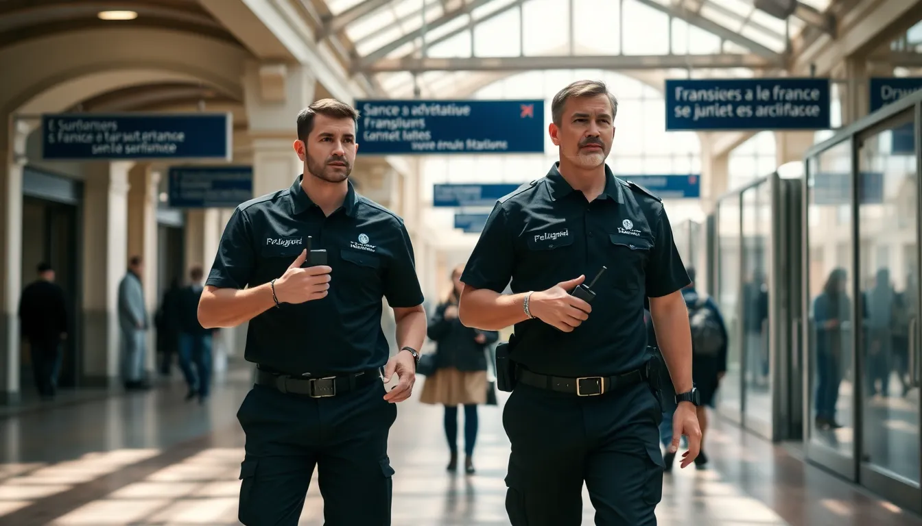 Agents de sécurité en patrouille dans une gare française, assurant la surveillance des voyageurs avec professionnalisme
