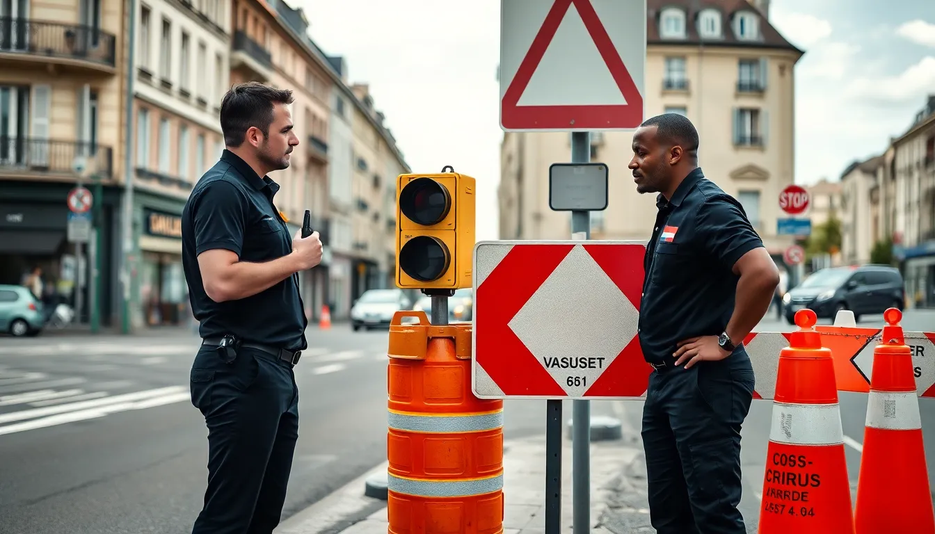 Agents de sécurité privée en gestion dynamique du trafic sur un chantier routier en France, collaboration naturelle et professionnelle