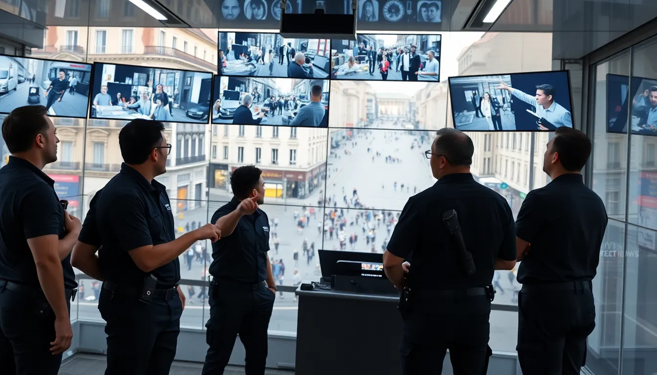 Agents de sécurité professionnels français surveillant un centre de contrôle vidéo avec analyse intelligente en temps réel