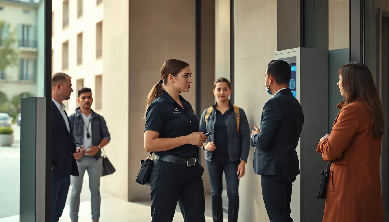 Agent de sécurité utilisant un scanner biométrique d’empreinte digitale à l’entrée d’un bâtiment français, garantissant un contrôle d’accès sécurisé et fluide.