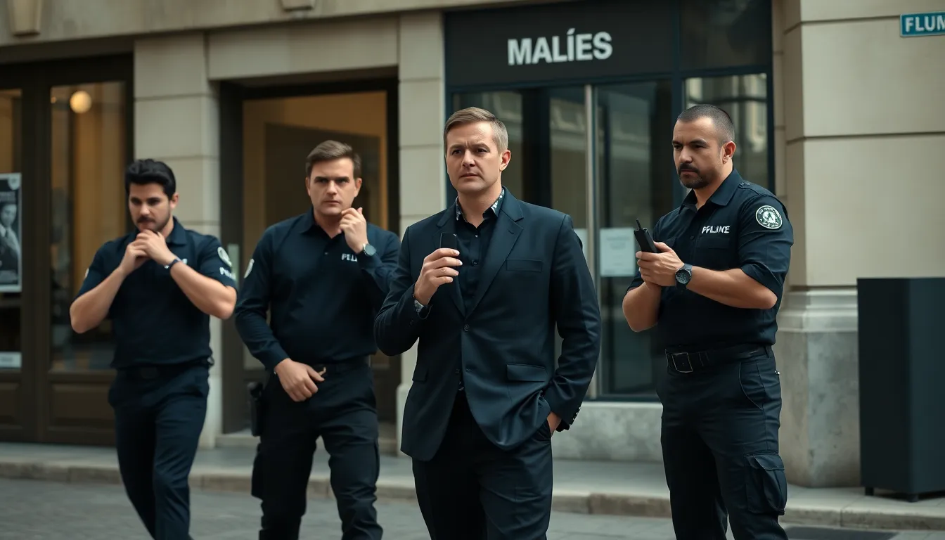 Agents de sécurité protègeant un homme d'affaires à proximité d'un immeuble moderne en France, en tenue professionnelle et en action de protection rapprochée
