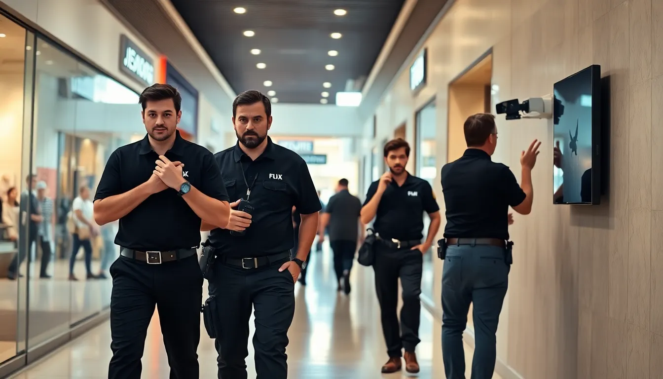 Agents de sécurité en tenue professionnelle réalisant une ronde dans un centre commercial français en journée, assurant la sécurité des clients et des biens.