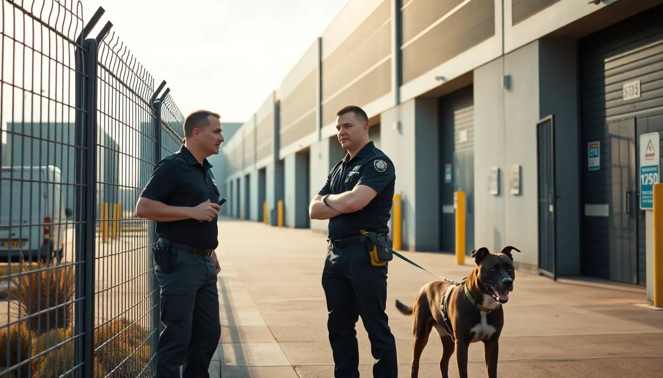 Agents de sécurité humains en polo noir et pantalon de sécurité inspectant la clôture d'un entrepôt logistique en France avec un maître-chien, sous lumière naturelle de jour