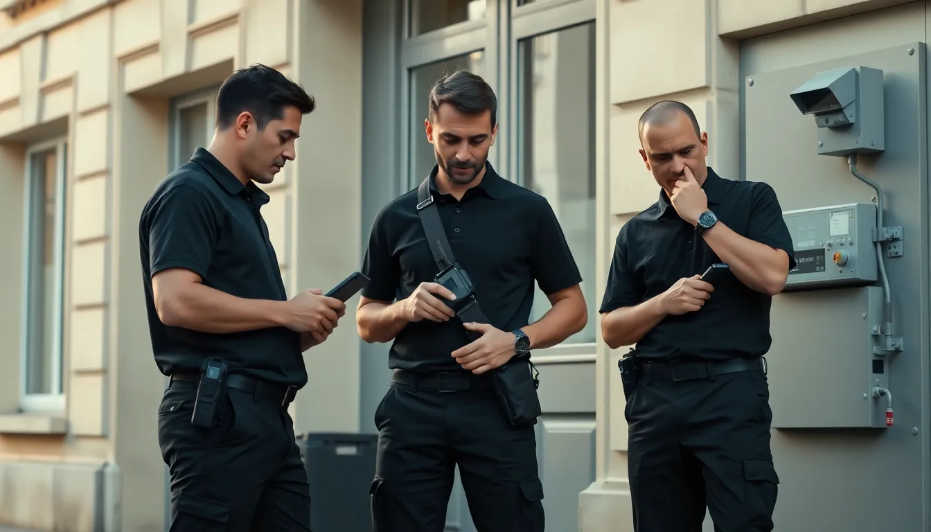 Agents de sécurité vérifiant à distance une alarme sur un site tertiaire en France, utilisant la vidéosurveillance et les communications radios pour éviter les fausses alertes